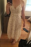 Purchased this dress for my Rehearsal Dinner and it is gorgeous! It's fitted, but not too tight and it's light material, but not see-through. As for the length- the liner fits well/goes to right above the knee, while lace portion is a little long considering my height, but it goes well with my nude heels. Highly recommend if you like the duo of classic and comfortable! - Miranda R.
