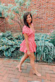 This romper is super cute! Flirty and fun, can be dressed up with a pair of heels or wedges, or dressed down with a cute pair of white sneaks or sandals. The stretchy waist is very comfortable and the can be adjusted by the tie in the front. I love this romper! - Kristin R.