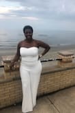 This was honestly the best choice for an All White party I attended! It was not Paper White but it was perfect for me, I think the color was great on my skin. It was completely lined, (loved that), good fabric a bit heavy but because it was strapless it was still cool to wear. The fabric was not sheer, great quality and with the gold accents, I felt so BEAUTIFUL!! This was a great purchase and I will be wearing this AGAIN! - Dierdre J.
