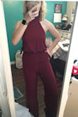 I absolutely LOVE this jumpsuit!!! I'm wearing it for my best friend's wedding in November, and it's absolutely PERFECT! It fit wonderfully, and I LOVE the open back. Depending on if you have a bigger bum or more muscular/thick thighs, it may be slightly snug around those areas like it was on me (dancer), but I can still sit and walk just fine! It just doesn't look quite as big around the thighs as on the model. Overall it's amazing and I wouldn't change the size due to me not having a big enough chest for the medium! I can hardly fill out the small. You won't regret ordering this! It's to die for!!!!! - Hannah H.