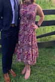 This fit true to size and was super comfortable! It has an elastic waist and the overlay was perfect for dancing and not overheating at a summer outdoor wedding. Got compliments all night would def recommend! - Colleen C.