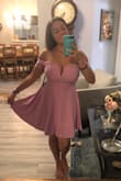Perfect Summer dress! I've never worn an off the shoulder dress like this before because of my breast size. Strapless bras never did me any justice and these dresses never looked good on me, but I figured I would try anyways because I loved the color. What a great surprise! This material is nice and it looks great even braless! SO happy I found it. Thanks Lulus! - Tiffany B.