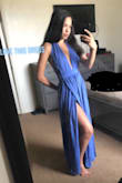 This dress is perfect! There is no going wrong with it. You are able to manipulate the slit very easily and can make the v very deep or cover up as much as you want. So happy I ordered this on a whim! - Desree T.