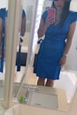 The front of this dress in size XS fits me well as you see in my pic. material feels soft, color is great, I look thin in the dress. However, the back is loose on me... the model's back looks fit in the dress, but not my back... I guess my back is smaller than the model lol. I think I return the dress for current price. If this dress goes on sale for $20, I may keep it. - Annie D.