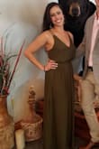 This dress was very cute and a success at a wedding I went to. Good material; not see through or too thin. A little long, but all maxi dresses are long on me. The side slits make it easier to walk in and throw on some heels and you're good to go. You can't wear a bra with this dress though, so nipple petals are required. The top stays in place well so you don't have to worry about your girls slipping out at all. Overall very pleased with this dress - Chloe C.