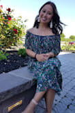 I love this dress! It is so comfortable to wear. The shoulders stay put which is always a plus with off the shoulder dresses or tops. I'm 5'2 so it hit above my ankle, not as short as pictured on the model. Perfect for a wedding I attended and I can't wait to wear it again! - Kate D.