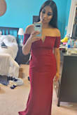 This dress was super pretty, as someone who is a little smaller chested, the off the shoulder band would not stay in place as I moved so I planned on getting it adjusted, ended up returning it due to the bride changing her mind in the bridesmaid dresses, otherwise would have kept it and adjusted it. Length is quite long but that would have been another alteration. 
Otherwise really cute and pretty and totally recommend! - Stephanie S.