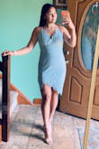 The M was really snug around my thighs & sitting was a little uncomfortable. But fit perfectly from waist & chest! Wore the dress without a bra & was totally okay. Ordered a L as well but felt really baggy & not form fitting. - Melissa G.