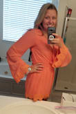 I ordered orange and was a little skeptical of the bright color at first but I love how it fits! The sleeves are long and flowy and it's definitely a warmer material though it is light. One of the longer rompers I own and very flattering in the chest area without showing off all of my boobs! I could see myself wearing this with some cute wedges to a wedding or night out. - Kristen C.