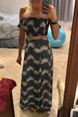 Love this two piece! It's very true to size and fits perfectly for a medium. The only thing is I wish the top had just a tiny bit more coverage but that could be because I'm really tall. The length of the skirt is good too and hits right at the floor with flats on (I'm tall so I never wear heels). The material is light weight and flowy but isn't see thru. I can't wait to wear it! - Laura M.