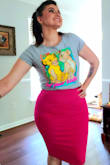 In the photo it's like a hot pink, but in person it's more of a deeper got pink. Longer than expected but I don't mind! Very stretchy and comfy, perfect pop of color for an outfit. - Ally V.