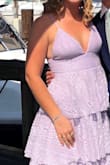 I wore this lavender dress to a wedding and it was perfect! The color, fit, texture, and structure of the dress was very well made. It's classy since the length falls just below the knee. The top part of the dress is slightly revealing but in a tasteful way. The back is open and gives a lot of extra depth to the dress. Would definitely recommend to anyone! Great dress for the price. - Monica W.