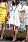 I wore this dress for my college graduation. I am usually in between a S & M and read that this dress runs a little big. I went with a S and it fit perfectly! Be warned that the way the sleeves are, this dress will rise and get very short when you lift your arms up. If your arms are down, however, the length is perfect (though I am not very tall). The ONLY complaint is after I washed it it did shrink a bit and may be too short to wear now. - Erin D.