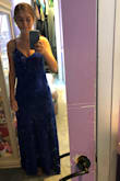 The dress is floor length with heels for me. The dress fits loose but the waist could definitely be tighter. The slit isn't too high which is nice. The dress is thin but not too thin. The blue color looks great, - Autumn G.