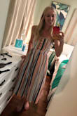 I love this dress!!! I ordered it to wear on my honeymoon but will definitely be wearing it all summer long too! It is super comfortable and really nice to wear around. It hits at the calf at a nice length too. I originally ordered a small, but exchanged it for an extra small. If you have a smaller bust, I would recommend sizing down. You do not need to pay as much attention to the waist or hip fit as it is really stretchy and flowy and only really stays up via the chest area. Would definitely recommend it!! - Amy L.