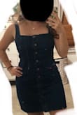 I have been wanting a denim dress for the longest time and I finally found one! As someone who has decently wide hips and a smaller waist it can be difficult finding a tight fitting dress that fits perfect everywhere so I don't judge. When I tried on this dress it fit almost perfect...the down side was the straps were too long and it fit a tad to loose around the waist but wearable. The straps were a super easy fix I measured the length I wanted them, took the straps a and sowed them right back up but to the adjusted length of course. But overall the dress is almost exactly what I was looking for! - Sofia D.