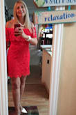 I loved wearing this dress to an event I recently attended. It felt fun and flirty and sexy at 60!

 The Red was a pretty shade-not deep red but red with tinge of orange but not to much.
 
I called in for help with sizing-the consult suggested large for me. It IS a body conforming dress so I'd hoped it had been a little tighter than it is on me....but also I wouldn't  have wanted to go any shorter so I stuck with a Large. 

The fabric is slightly stretchy and the lace was pretty too. 

Thank you to Lulus for the fun evening! - Karen F.