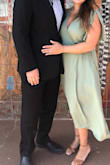 The dress is a wrap dress so the fit is easy. I ordered a medium and it fits perfectly. It is very long. Originally I hemmed it to keep it long but decided to make it a mid length dress and hemmed it to right below my knee. It was easy and comfortable. - Katy S.