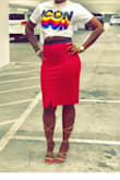 This skirt has a wide black elastic waist band that is sewn down to the inside of the skirt. It gives an odd look and shape to your hips. I removed the thread seeing it down and made it a high waisted skirt. The color contrast was perfect too. I also wore it backwards to have the split in the front. - LaQuisha A.