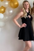 Absolutely love this dress! Wore it for a bachelorette party and got so many compliments on it. At first I was worried I wouldn't be able to wear any sort of bra with it but a strapless bra worked perfectly with it! A little on the shorter side but it worked for me. Also has a very flattering neck line! - Kayla A.