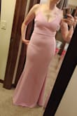 This dress is beautiful!! It does however show any and every tiny line underneath. Even my no-line underwear shows through. Wearing this dress to a wedding next month - Jenna R.