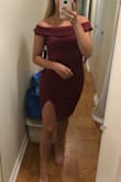 This dress is so flattering! Hugs you in all the right places. True to size and I love the off shoulder. - Belle T.
