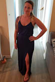 I can't say enough good things about this dress in fact I plan on ordering it in more colors. The length was perfect even with flats it just touched the floor. The material was nice, light and flowy but it wasn't see threw. It fit beautifully tight in all the right places and loose and flowy in others. The slit in the front hit the perfect spot on my thigh which my fiance loved. It also has adjustable straps so it works with any chest size. - Colleen G.