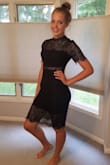 My daughter picked this lace dress out for her Freshman Homecoming next month. It's so classy, yet a tad sassy! She doesn't like frilly or poofy..prefers streamlined and elegant, and this LBD was perfect! She is 14 yrs old and 6 ft tall with a lean athletic build. She wears a size 10 in pants and the medium was perfect! - Page D.