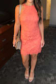 Coral color was stunning. The dress fit perfect. The neckline cut is pretty far so your only bra choice is strapless or sticky bra. Length and fit was appropriate for a wedding. I wore a nude block heel. - Devyn C.
