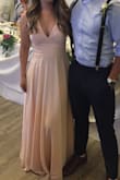 I wore this as a bridesmaid dress. The dress is very light and comfortable, however a bit see through. I am usually in between sizes, I knew I would have to get the dress altered in the bust and length areas (I wore sandals for a beach ceremony). - Nicole C.