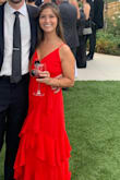 This dress was gorgeous! I felt the I was the Salsa girl emoji! I am only 5'0 so it definitely was long, but I wore it to a gala so it worked. The front is a little heavy, but overall fit great & received many compliments! - Jenni M.