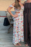 I absolutely love this dress! Your can dress it it or down and it's incredibly comfortable! I just wore pasties with it which were totally fine (no bra needed!) and the dress itself was flowy and breezy. The material is very thin but not at all see through or anything. I loved wearing it for a rooftop dinner in Barcelona on vacation but will definitely wear it casually here now that I'm back home too. Recommend! - Katie L.