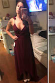 Okay so I love this dress. It's beautiful. The high low cut would make dancing so easy, esp with the slit. My big issue was the chest. My pasties showed. I'd need to get the straps taken up. It's very light material so would be perfect for a warm weather event. The wrap is very flattering and adjustable so I'd recommend sizing down on this one like I did. The grey makes the dress look cheaper than the burgundy. - Jade G.
