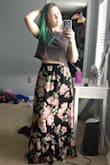 It runs a bit large. I like my high waisted things to actually sit at my natural waist, so I did have to take in the waistband of the skirt. The Top is flowy and gaped a bit, but i'm fairly small chested so it doesn't bother me much.
I wear them as separates more than as a single outfit, but it looks great and is very comfortable either way. - Whitney F.