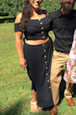 The bottom is a perfect small of your waist fit but not so tight you can't bend over and breathe, top was a little big but a seamstress did a quick fix now it's perfect. I'm a very curvy big booty shape. Hopefully this helps. I adore it. Oh I also had the seamstress take out the under layer of the skirt bc it was hot and awkward in my opinion but I have the black one and it wasn't see through after removing so no worries. - Sarah C.