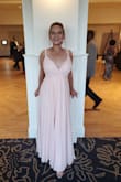I wore this to a fundraising gala. I used a steamer and all the wrinkles fell out with ease. There is no bust support in this dress. If you're larger chested girl you NEED a strapless bra with a low plunge or a nude/matching color bra with low plunge. Wore 6" heels and still had plenty of drape. - Natalie P.