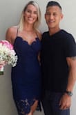 I bought this dress for my wedding. 
It's gorgeous. Lots of beautiful details.
I bought the white in the same size but it was huge on me....just an FYI.
Would definitely purchase the navy dress again. - Marie C.