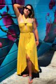 This dress was very cute. It requires a safety pin on the lower skirt to prevent wardrobe malfunctions. It's a super comfy fabric and I was able to dance in it all night long. This dress got destroyed in my move and I ended up replacing it with a more formal looking yellow wrap dress on Lulus for my friend's wedding. Might buy this again next season if it's still available. - Tiana H.
