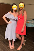 This dress fits true to the size chart in my opinion. If you have a larger bra size it will show a little more cleavage but nothing too revealing. I was actually 4 months pregnant in this picture & still had room to grow. Versatile dress that you could wear to a wedding with heels or something more casual with flats. Very comfy! Love this dress!!! - Jessie M.
