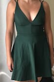 The green color is perfect, and super comfy dress! Length is great, but for the top, you wouldn't be able to wear a bra underneath because of the back straps (but material is thick enough it isn't see through). Excited to wear this on an anniversary date night! - Briana G.