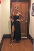 This dress fits like a glove. The top doesn't slide down, the location of the slit is very flattering and the length was perfect for me. - Talisha P.