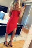 The red was amazing, I got so many compliments on this dress. The material was very stretchy and comfortable but it did run a bit large and I wish I had gotten a size down. - Alexandra D.