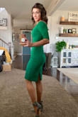 This dress is IT. If you ever own one dress, make it this!!!! I want it in every possible color! The material is nice and thick, makes you feel hugged! It fits like a glove, which for my waist to hip ratio tends to be hard (things usually bag at the lower back above my butt because they will be tight in the hips and loose in the waist). The off the shoulder style is super sexy and still manages to be conservative with the length, while the pop of color I chose and a fun flair! Get the dress!!!!! - Stephanie K.