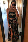 So pretty & flowy! I had so many compliments. Wore this for my rehearsal dinner & absolutely felt beautiful in this! The waist on the skirt could be a bit smaller but nothing too dramatic. Length is long but with 4 inch heels I wasn't stepping on it too much. - Mariah M.