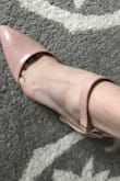 I love these light pink shoes, and the heel makes it great if you have to walk on uneven terrain for weddings. I usually run between 8.5-9 and didn't want to take the chance of being too small especially with the narrow pointed toe but the 9's are a smidge too big. It still works and will wear them but I will order the 8.5 for another color I plan to buy. One pic is heel all the way to back, and 2nd pic is sitting forward so toes are in. Maybe it's good they're a smidge big so back doesn't rub on ankle/leg. - Erica S.