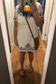 This dress is comfortable and cute. The color scheme gives it Mediterranean vibes. Wore to bridal shower and received lots of compliments. Nice loose fit, forgiving for those of us whose summer bods were not ready this year! May want to wear shape wear shorts under to avoid overexposure when lifting arms! I ran my portable steamer over it quickly after receiving to smooth it out. - Atalie