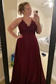 I needed a romantic and flowy evening gown for my 10 year anniversary pictures. I looked all over and tried on so many dresses. I was nervous to order online, but this dress fit exactly what I was looking for, so I just went for it and I'm so glad I did! It fits PERFECT. I absolutely cannot wait to take our pictures in it. I am short and curvy, I wear size 12/14 normally and a size large in tops. I decided to go with a size large for this dress, it has adjustable straps for support, I am still able to wear a full coverage strapless bra which was important to me to hold the girls up! It hits me in all the right places. It is really long but I'm ok with that for the drama. I highly recommend this dress. - Danielle C.