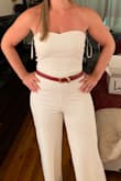 Bought as a possible rehearsal dinner option. I loved how this jumpsuit made my body look. It made my waist seem small and curves look great from behind. But it was so long! I'm 5'8 and even with heels, I was tripping over my feet. I didn't love it enough to pay money to get it hemmed, but it really was a great fit otherwise. Returned just because it was white and I wasn't wearing it for the intended occasion. (Added the belt just to try on for photos because it felt too plain without one). - Cori T.