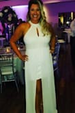 Awesome material. I'm able to not wear a bra and it's perfect. I feel so fancy! I wore it as my reception dress I got so many compliments I got the bottom hemmed bc it was too long I want it in every color - Hannah I.