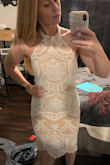 I loved this dress and wanted it for my engagement party so I ordered a Medium because I am have thick thighs & booty. The bottom of the dress fits but of course the top was too big for my A cup and my rib cage. I had to get it tailored but now it fits perfectly! I am 5 foot 7 inches, 155 lbs athletic build and a 34A. Hope this helps! - Alexandra H.
